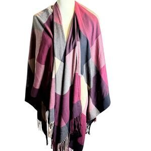Adrienne Vittadini Open Front Wrap Shawl, Deep Berry Wine Plaid, Fringed